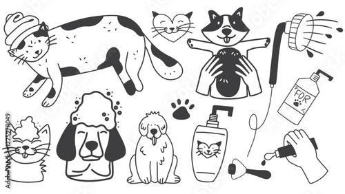 Cute doodle dog and cats grooming set. Pets washing. Vector illustration.