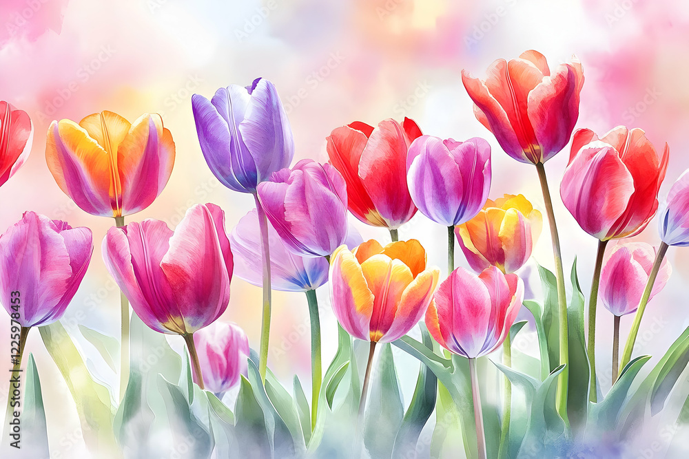 custom made wallpaper toronto digitalA beautiful watercolor illustration of tulips, showcasing bright and elegant flowers in a seamless pattern, perfect for spring-themed designs.