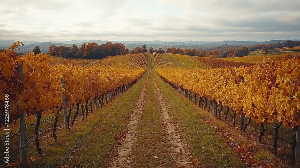 Fototapeta premium Autumnal Vineyard Landscape: Golden Vines and Rolling Hills