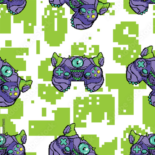 Seamless pattern Monster gamepad cartoon character with pixel text. Game pad print monster with horns and one eye. Game pad t shirt design on lettering background. 8 bit monster character