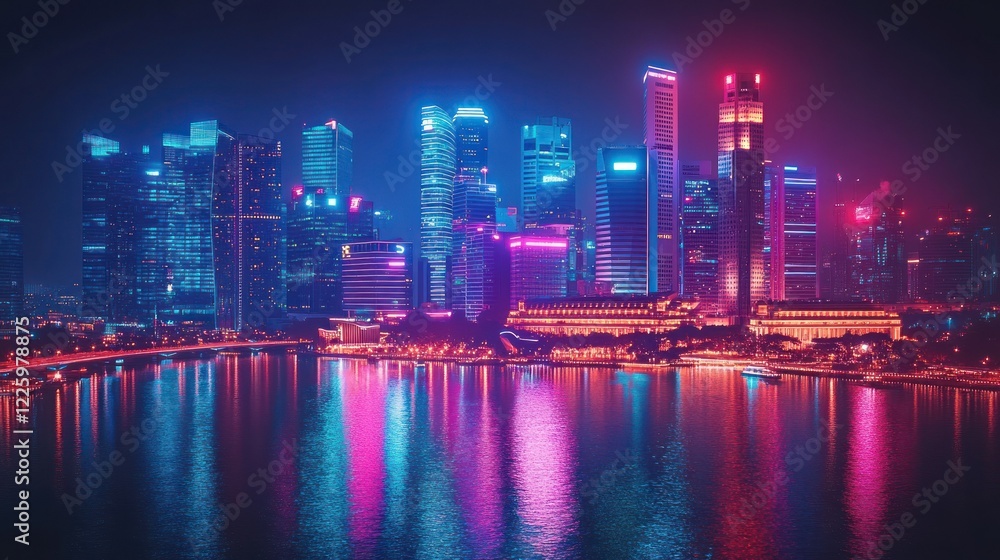 Fototapeta premium Neon Skyline Reflection: A vibrant night cityscape of Singapore