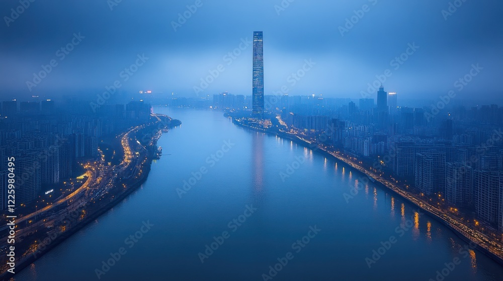 Fototapeta premium Serene Nanchang Skyline at Dusk: River Reflection