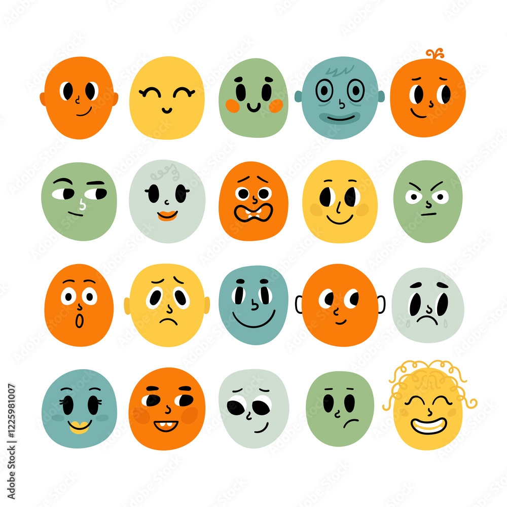 Funny cartoon faces. Drawing set of facial expressions. Flat style characters Funny cartoon faces. Drawing set of facial expressions. Flat style characters