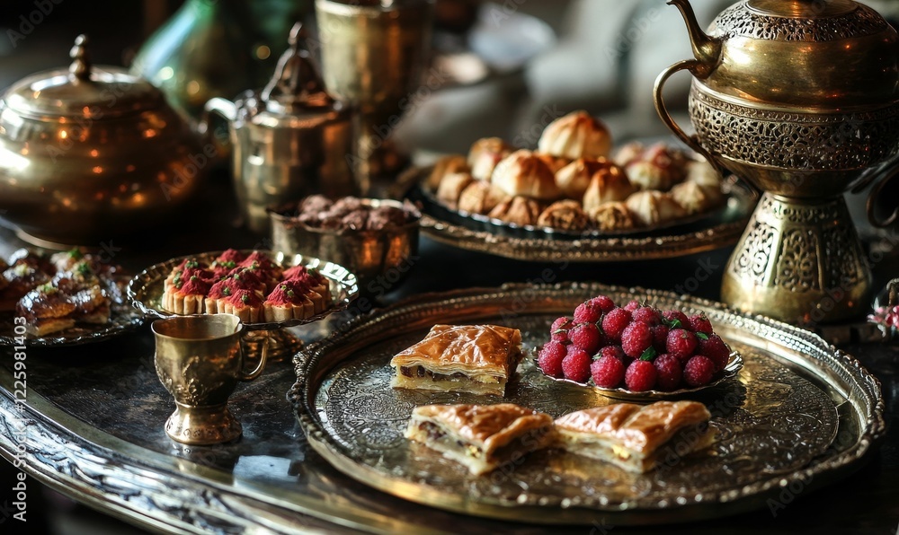 Golden teapots, pastries, and raspberries on serving trays. Golden teapots, pastries, and raspberries on serving trays.