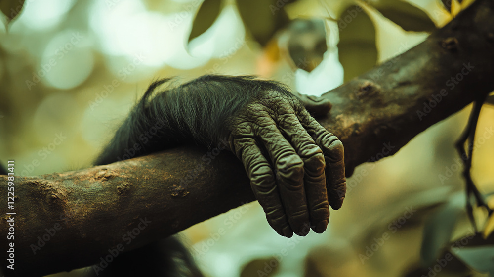Close-up of a primate's hand gripping a tree branch, showcasing the texture of the skin and natural environment, symbolizing connection, nature, and evolution Close-up of a primate's hand gripping a tree branch, showcasing the texture of the skin and natural environment, symbolizing connection, nature, and evolution