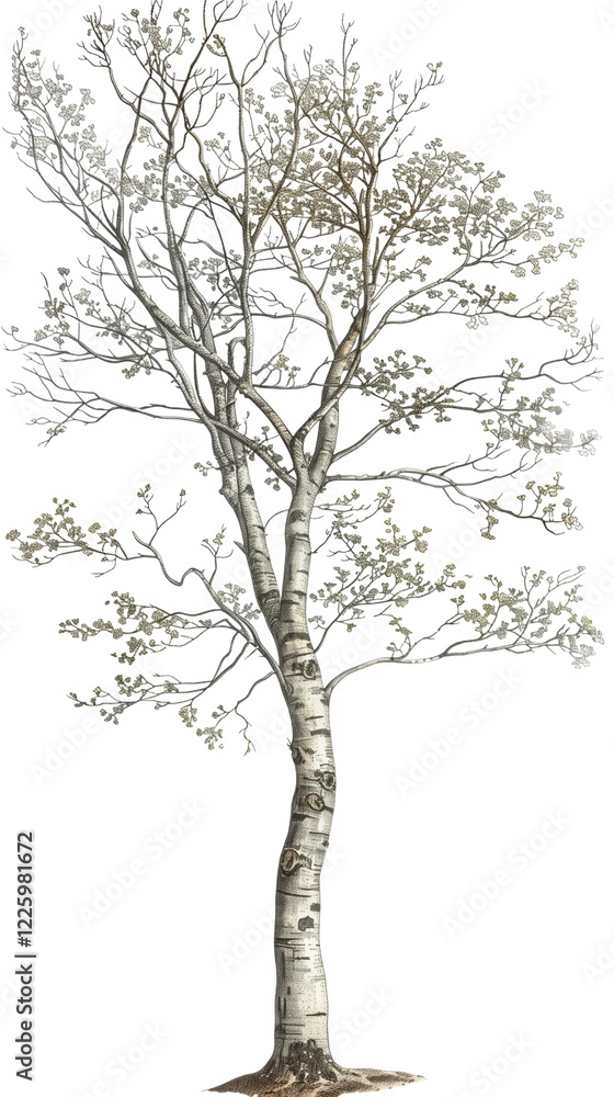 Obraz premium Detailed Illustration of a Bare Tree With Budding Leaves and Intricate Branches in Monochrome - Vintage Illustration, Isolated on White Transparent Background, PNG