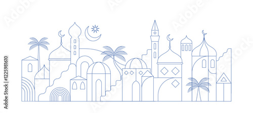 Ramadan Kareem background in line art style. Modern Islamic greeting card template and wallpaper design. Poster and media banner illustration