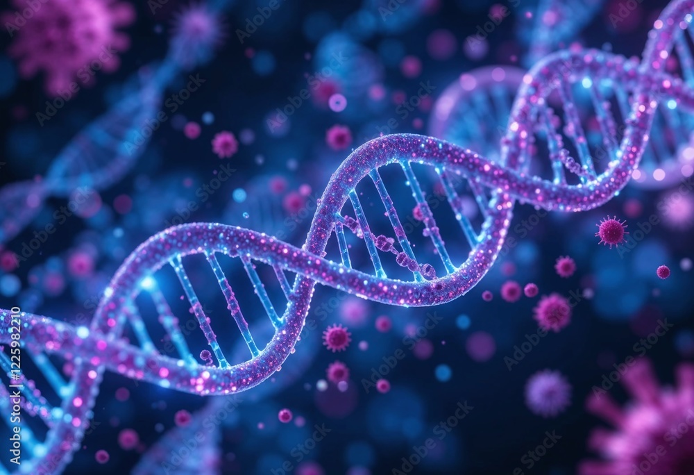 A vibrant illustration of a DNA double helix surrounded by virus-like particles, with a glowing, futuristic appearance in purple and blue hues. A vibrant illustration of a DNA double helix surrounded by virus-like particles, with a glowing, futuristic appearance in purple and blue hues.