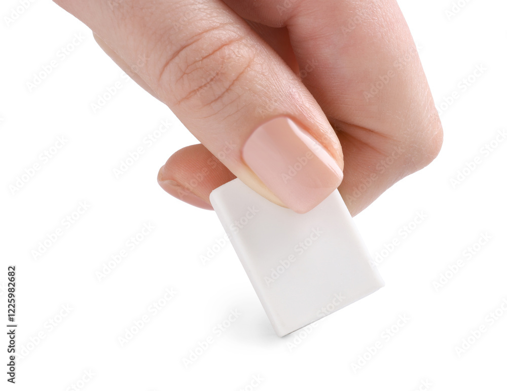 Woman using eraser on white background, closeup Woman using eraser on white background, closeup