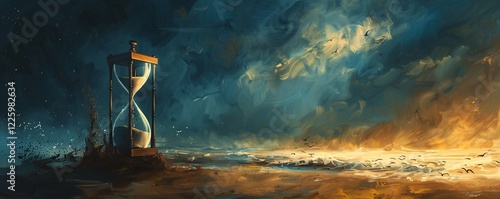 Hourglass stands on a beach with the ocean in the background at sunset, marking the passage of time