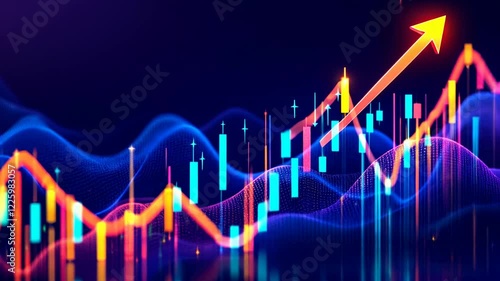 Dynamic colorful stock market chart on dark background. Trading investment charts. Financial graph with glowing candlesticks and arrow. Concept for business, analysis, burse exchange. Bourse buoyant photo