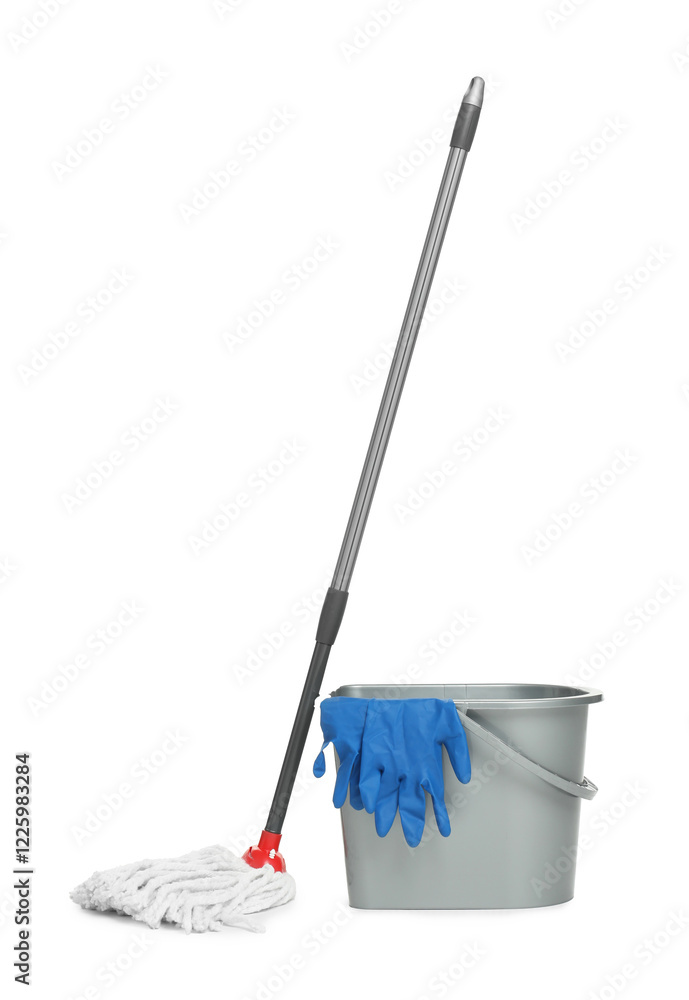 String mop, gloves and bucket isolated on white. Cleaning equipment String mop, gloves and bucket isolated on white. Cleaning equipment