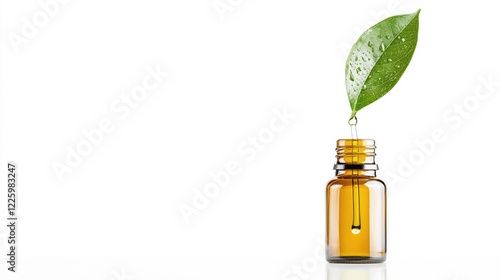 Wallpaper Mural Essential oil drops from leaf into bottle; white background; health, beauty, nature Torontodigital.ca