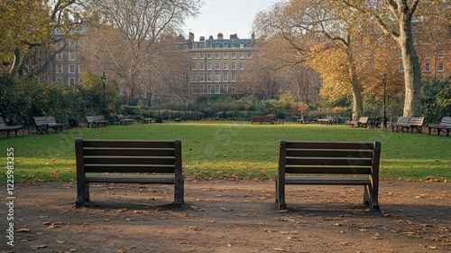 Autumnal Serenity in a London Square: Two Benches Facing a Tranquil Lawn