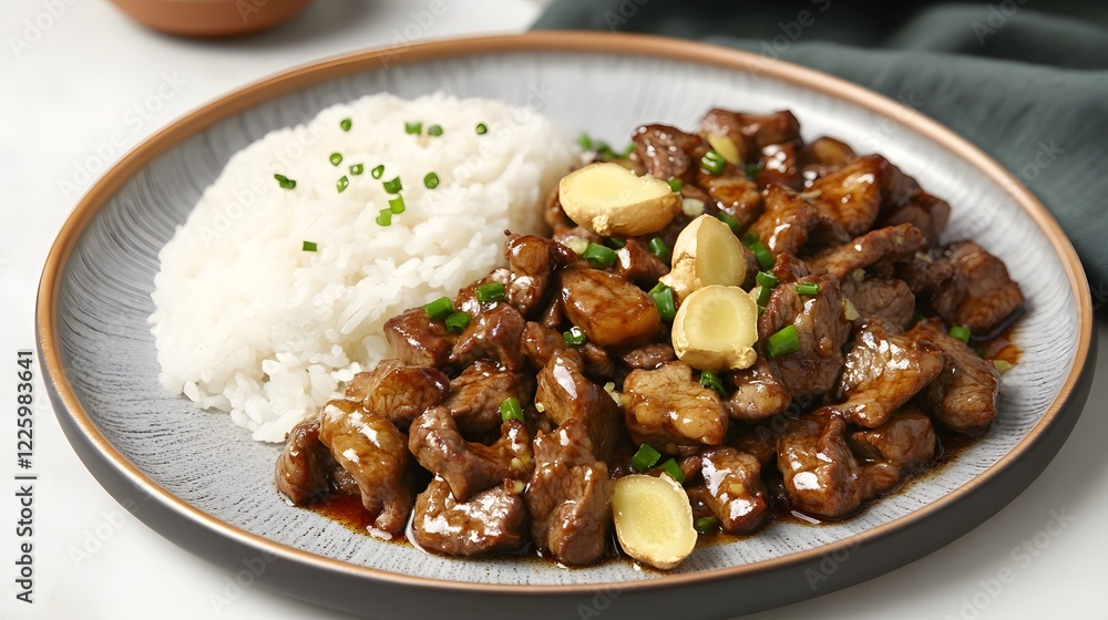 Delicious Ginger Beef Stir-fry with Rice, Asian Cuisine Food Photography Delicious Ginger Beef Stir-fry with Rice, Asian Cuisine Food Photography