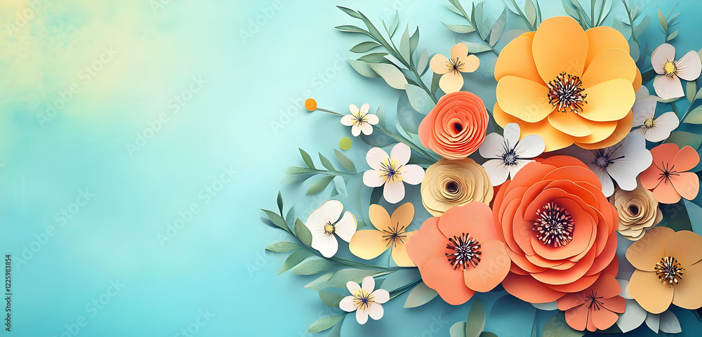 A cut-paper style floral arrangement with bright spring flowers and ample copy space, ideal for greeting cards or invitation designs. A cut-paper style floral arrangement with bright spring flowers and ample copy space, ideal for greeting cards or invitation designs.