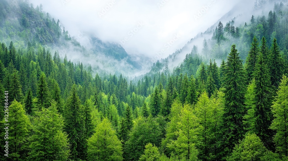 Fototapeta premium Misty mountain valley, dense evergreen forest, scenic landscape, nature background, travel poster