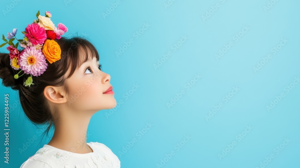 Young Girl with Floral Headpiece Gazing Upward Against a Blue Background, Portrait of Innocence and Beauty Young Girl with Floral Headpiece Gazing Upward Against a Blue Background, Portrait of Innocence and Beauty