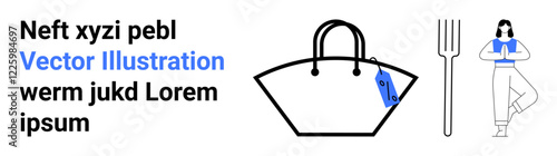 Minimalistic handbag with price tag, standing fork, and woman in yoga pose promoting mindfulness, shopping, and healthy living. Ideal for fashion, wellness, mindfulness, retail lifestyle blogs