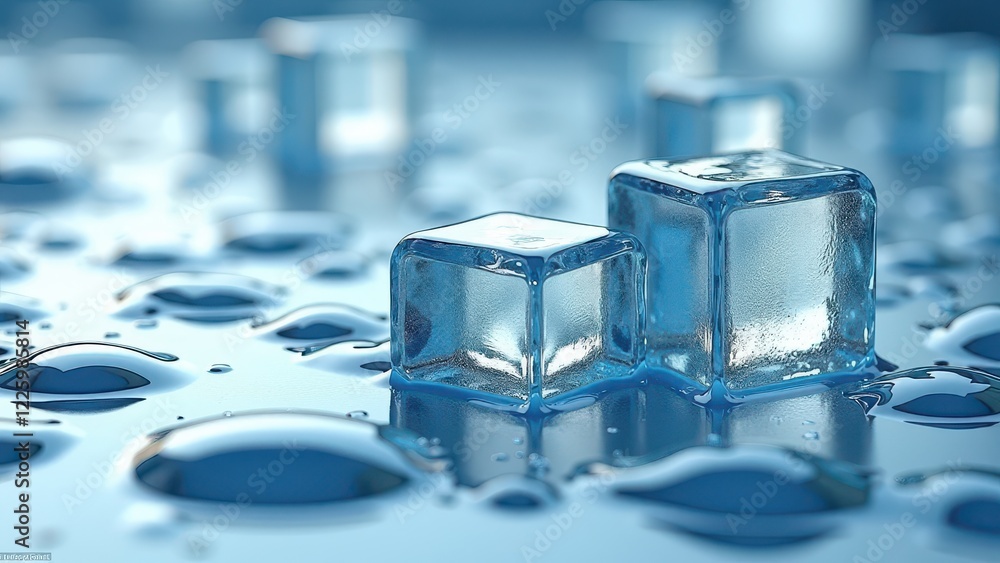 Fresh ice cubes stacked and melting on a reflective surface with water droplets	