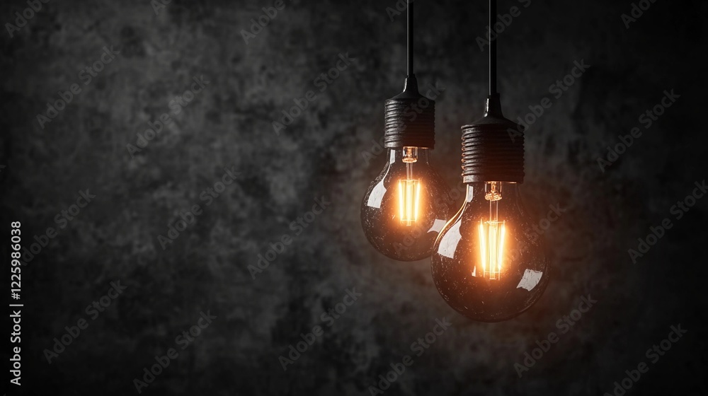 two glowing light bulbs against a dark blurry rustic background with copy space symbolizing a fresh bright ideas and new innovations two glowing light bulbs against a dark blurry rustic background with copy space symbolizing a fresh bright ideas and new innovations