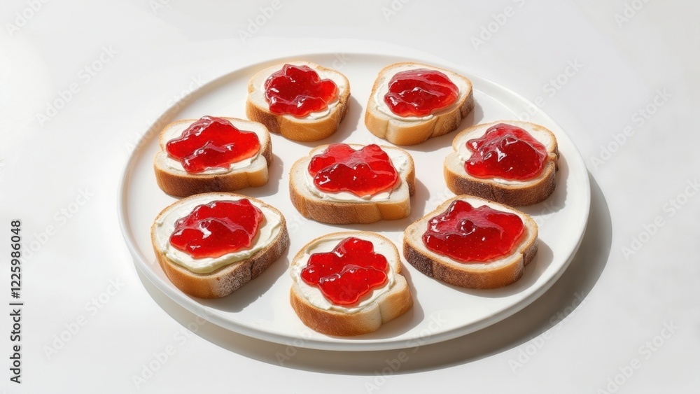 Delicious jelly topped toast arranged on a white plate for a tasty snack Delicious jelly topped toast arranged on a white plate for a tasty snack