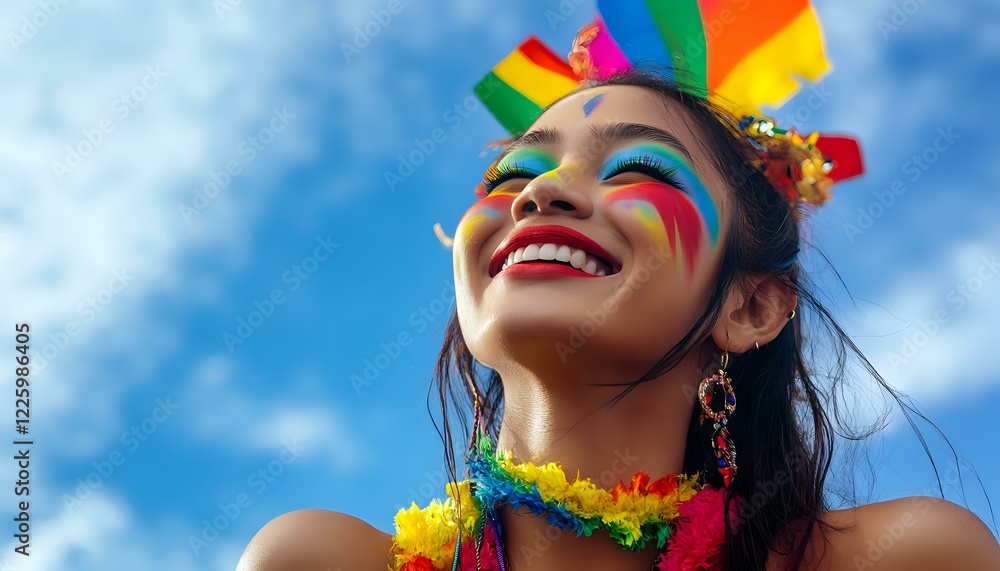 Obraz premium Young Asian woman with bright rainbow face paint and colorful headdress smiling against blue sky during pride celebration, wearing flower lei necklace and festive makeup.
