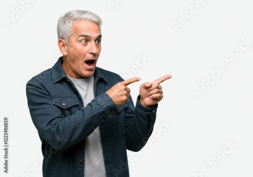 Surprised senior man with gray hair wearing casual denim jacket, pointing with both hands to the side with shocked facial expression, isolated on white background