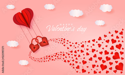 Happy valentines day romantic card, 3d balloon, hearts flying, heart shape locks, clouds, paper cut vector. 3d love concept background to use for valentines day, romantic 14 february project.