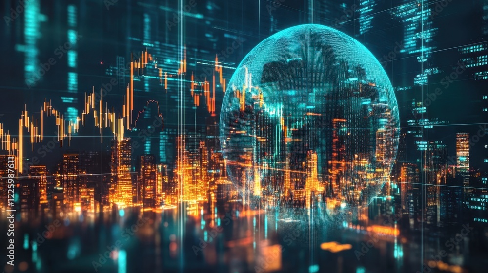 Fototapeta premium Global business and stock market data analyzing trading graph over the city skyline with futuristic digital number and code analyzing finance and economy big data background
