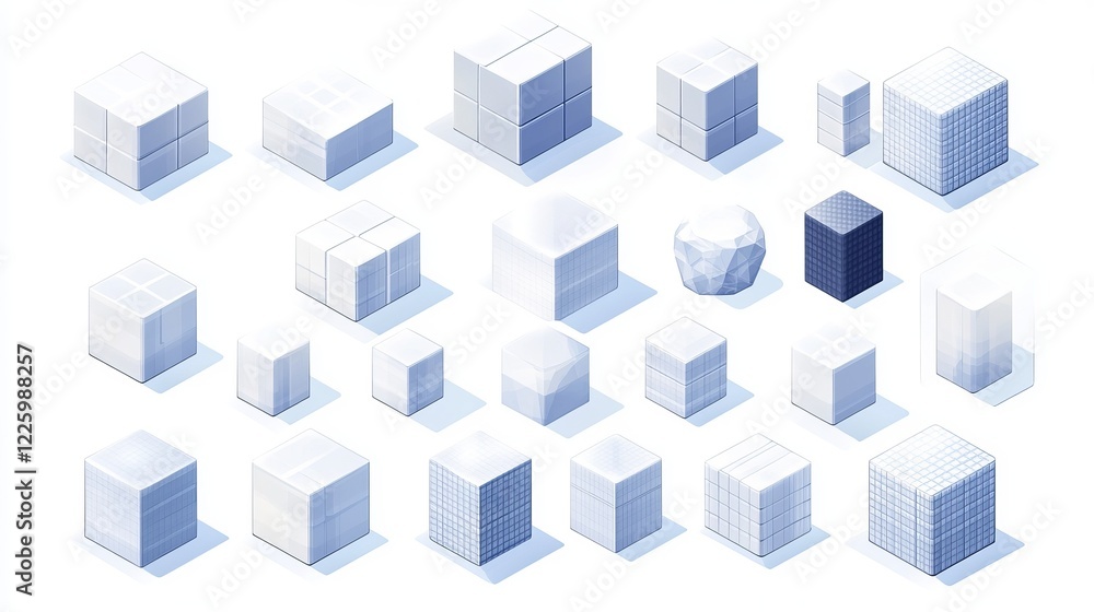A set of digital cubes arranged in perspective, forming a 7x7 grid. The graphic object is composed of smaller isometric cubes, creating a 3D geometric figure icon. A set of digital cubes arranged in perspective, forming a 7x7 grid. The graphic object is composed of smaller isometric cubes, creating a 3D geometric figure icon.
