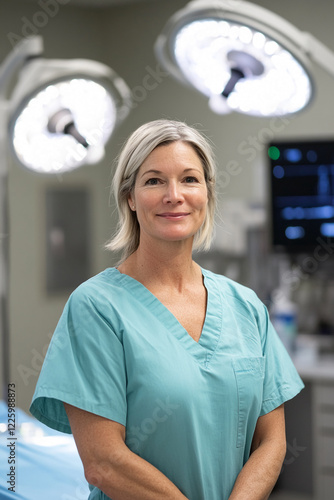 Confident female surgeon in medical scrubs standing in a modern operating room with surgical lights and monitoring equipment, symbolizing professionalism, expertise, and healthcare excellence. photo