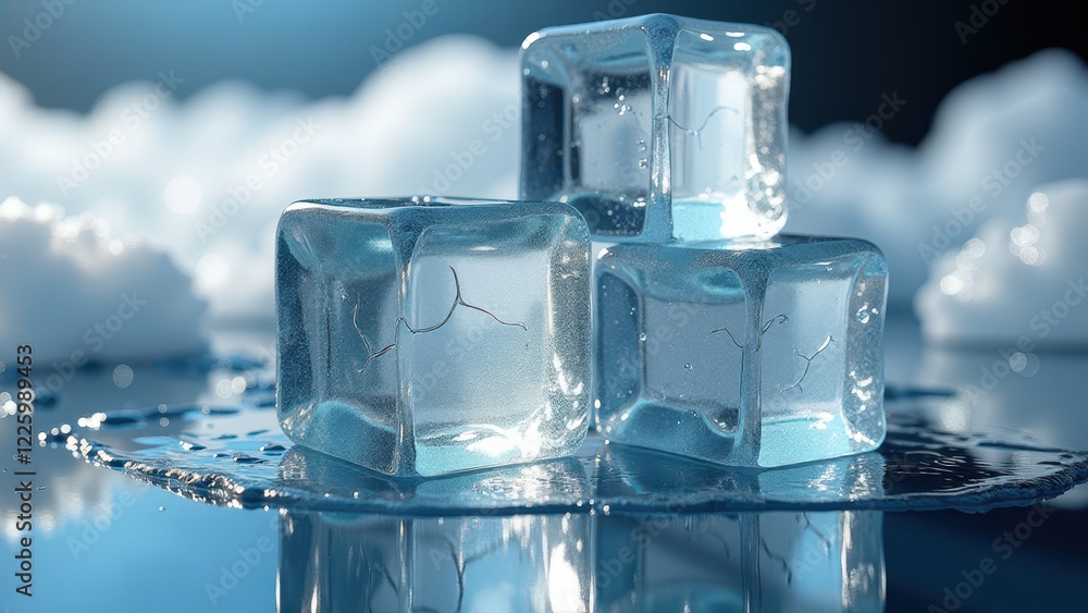 Cracked ice cubes melting on a reflective surface with water droplets Cracked ice cubes melting on a reflective surface with water droplets