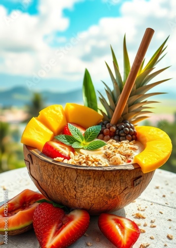 Tropical fruit bowl, coconut shell, fresh pineapple, mango slices, exotic smoothie, beach background, vibrant colors, healthy breakfast, paradise vibes, sunny day, closeup food photography, dewdrops,  photo