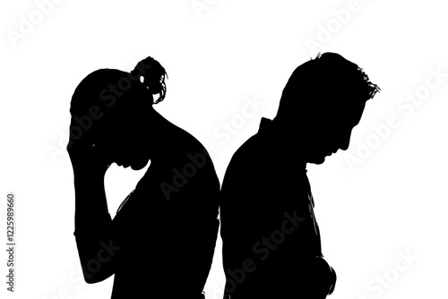 Silhouettes of a man and woman facing away from each other, heads down, on white background, concept of conflict and sadness and misunderstanding in family