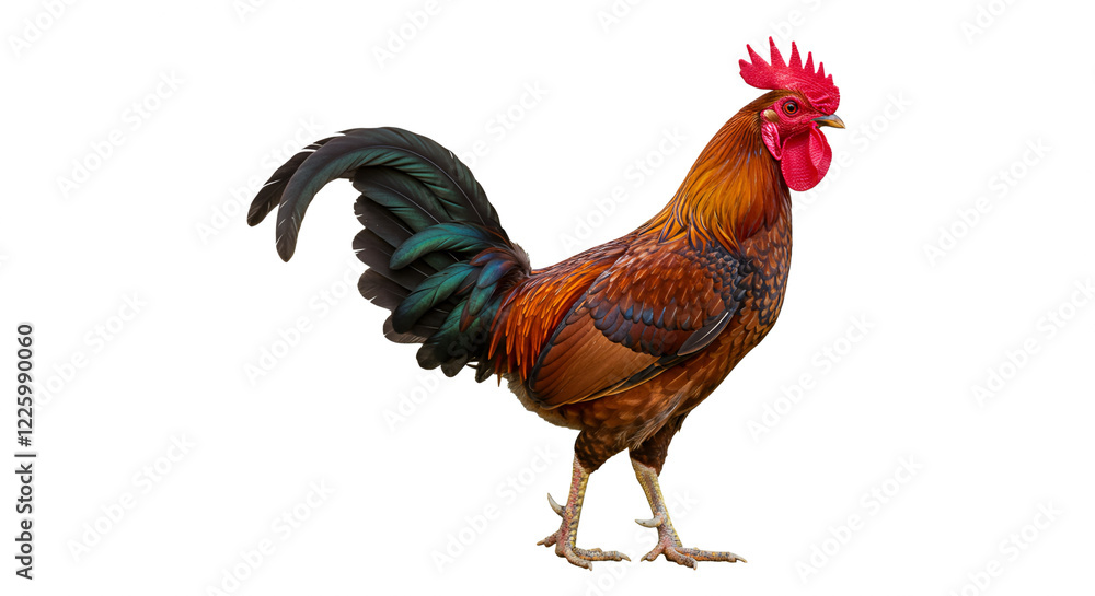 Fototapeta premium A close-up of a rooster crowing with its beak wide open on a white background