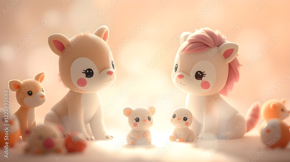 Soft dreamy atmosphere, hazy soft light illuminating cute animals, pastel color palette, blurred background Soft dreamy atmosphere, hazy soft light illuminating cute animals, pastel color palette, blurred background