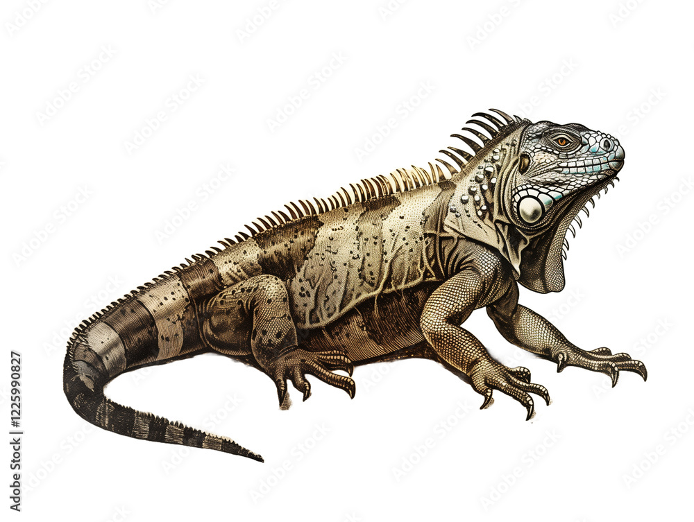 Fototapeta premium Detailed Depiction of a Large Iguana Showcasing Intricate Patterns and Textures in a Naturalistic Style - Vintage Illustration, Isolated on White Transparent Background, PNG