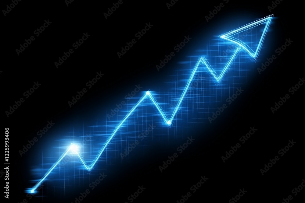 Fototapeta premium Stock market trend showing upward movement with glowing blue arrow indicating growth and success
