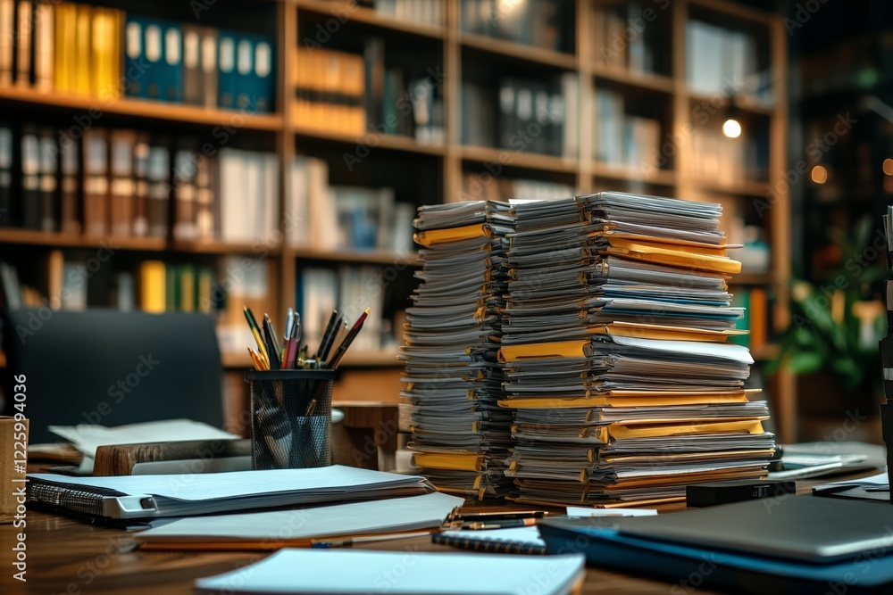 Stacks of organized documents and office supplies in a well-lit study with shelves of books Stacks of organized documents and office supplies in a well-lit study with shelves of books