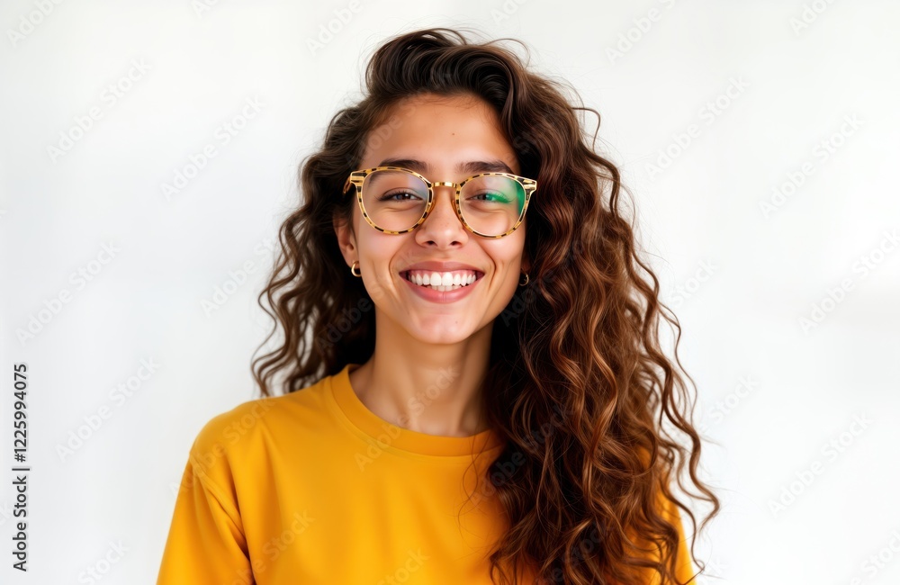 Obraz premium Young woman with long curly hair smiles happily. Wears eyeglasses, bright yellow shirt against plain white background. Portrait captures relaxed, happy expression. Seems content, confident. Woman