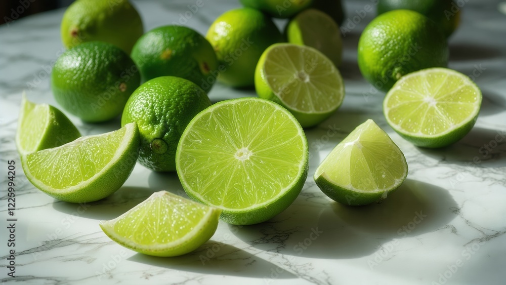 Fresh limes are sliced and scattered on a marble countertop in bright sunlight Fresh limes are sliced and scattered on a marble countertop in bright sunlight
