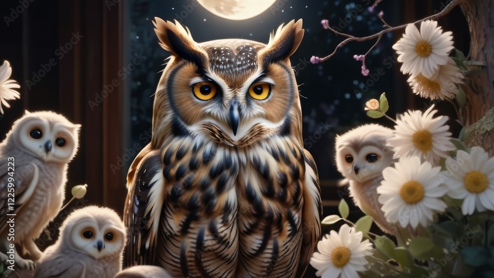 A small owl is sitting on a branch next to a larger owl. The larger owl is looking at the camera A small owl is sitting on a branch next to a larger owl. The larger owl is looking at the camera