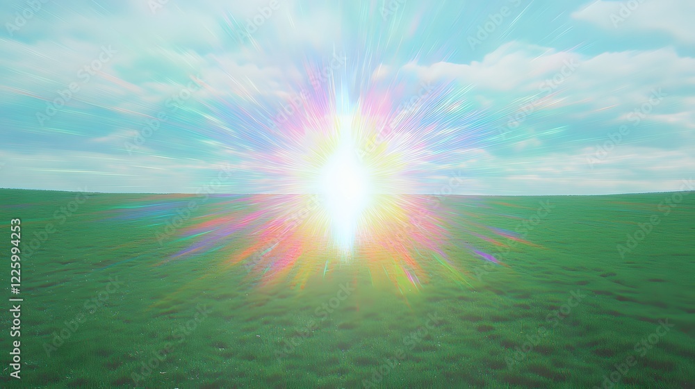 Fototapeta premium Vibrant Rainbow Burst Over Green Field Sunrise