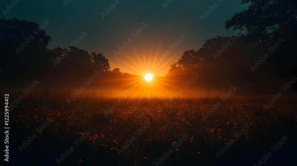 Sunrise over foggy field, sun rays, nature scene, peaceful morning, landscape photography Sunrise over foggy field, sun rays, nature scene, peaceful morning, landscape photography