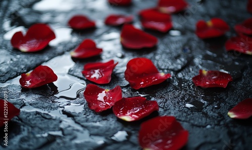 Red petals with water on a dark surface.