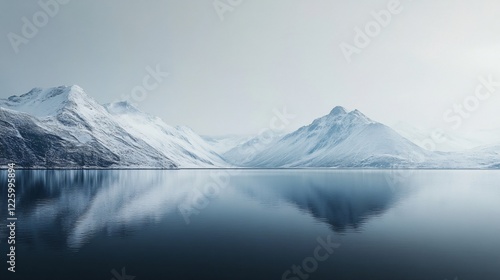 Serene and peaceful scene of a lake surrounded by snow-capped mountains. The reflection of the mountains in the water creates a sense of tranquility and calmness photo