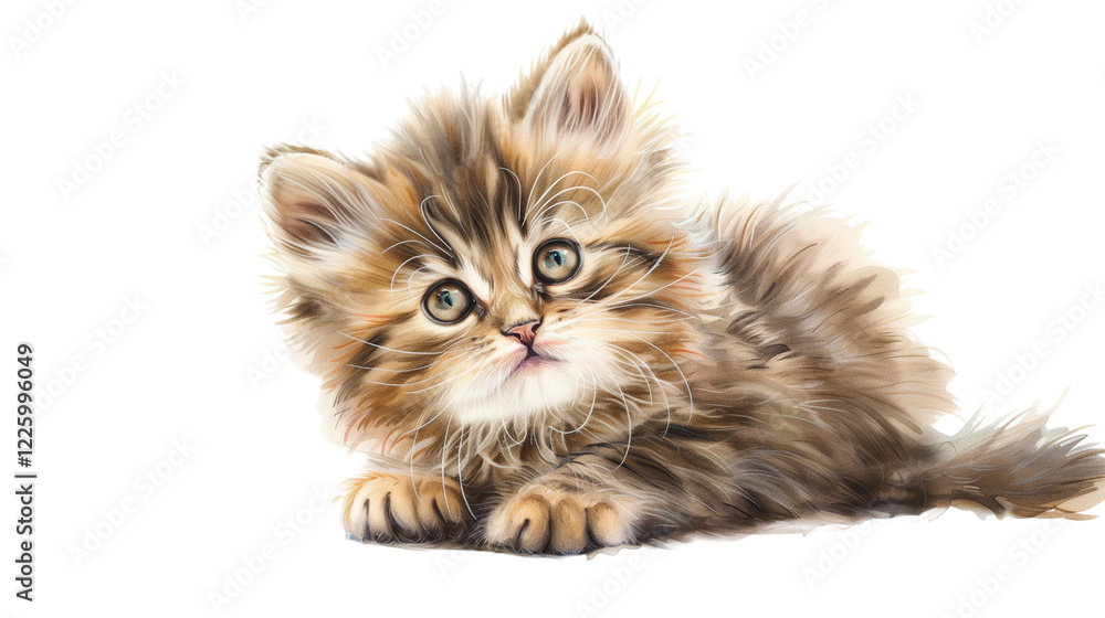 Cute Fluffy Kitten Resting and Looking Curiously at the Viewer in a Light Setting - Vintage Illustration, Isolated on White Transparent Background, PNG Cute Fluffy Kitten Resting and Looking Curiously at the Viewer in a Light Setting - Vintage Illustration, Isolated on White Transparent Background, PNG