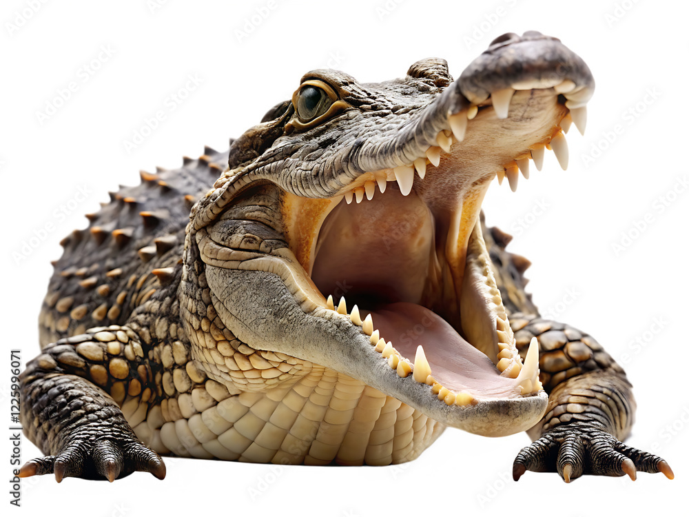 Fototapeta premium Aggressive Crocodile with Open Jaw isolated on white background as transparent. PNG.AI GENERATED
