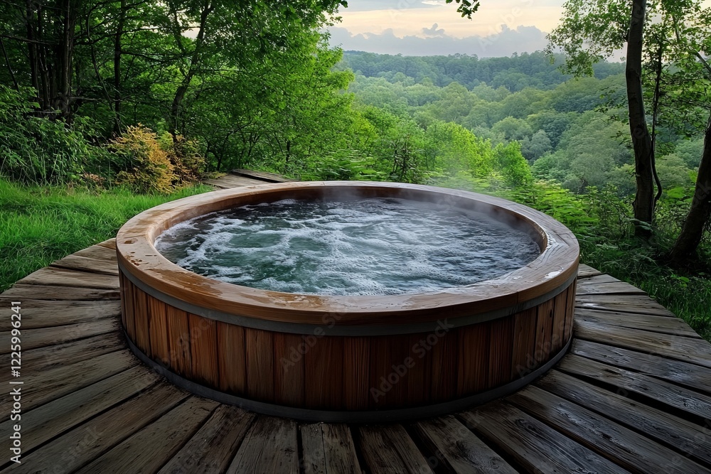 Relaxing hot tub experience in a serene forest setting with breathtaking views Relaxing hot tub experience in a serene forest setting with breathtaking views